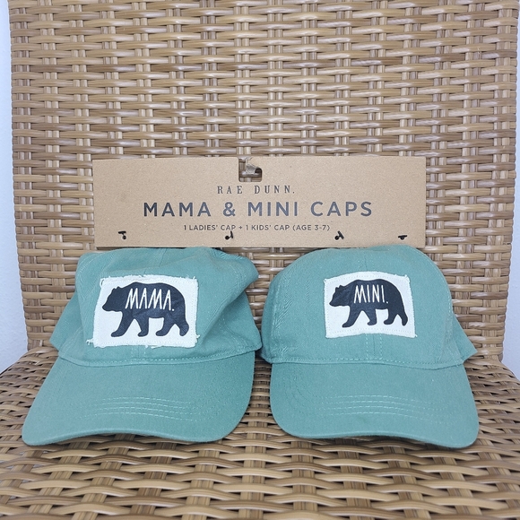 Rae Dunn Hats Baseball Caps Mama Bear and Mini Bear Khaki Light Green - Picture 1 of 11
